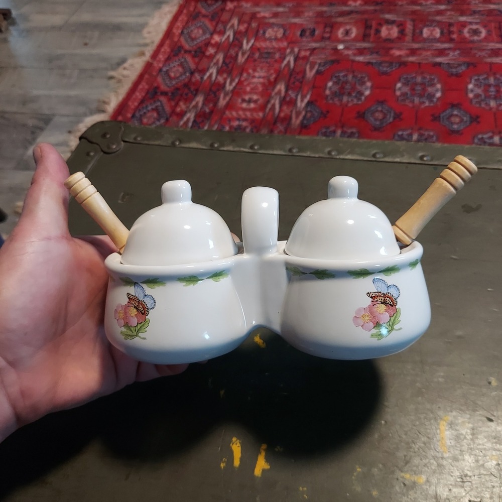 Houston Harvest Hallmark Butterfly Floral Ceramic Double Condiment Server Spoons
